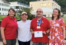 von links: Brigitte Marxer, Special Olympics, Klaus-Dieter Kindle, Präsident PCFL, Mathias Märk, Athletenvertreter und Petra Schifferle-Walser, Vize-Präsidentin PCFL