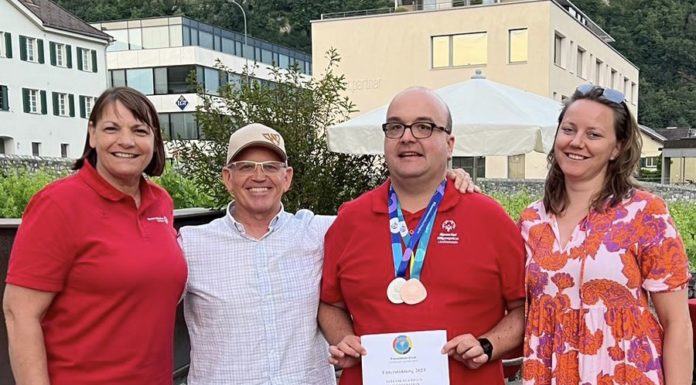 von links: Brigitte Marxer, Special Olympics, Klaus-Dieter Kindle, Präsident PCFL, Mathias Märk, Athletenvertreter und Petra Schifferle-Walser, Vize-Präsidentin PCFL